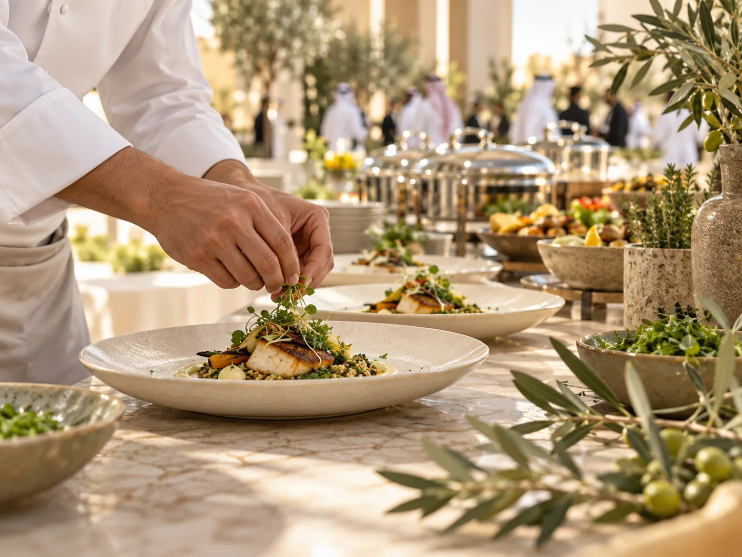 A chef finishes a dish for a hospitality service