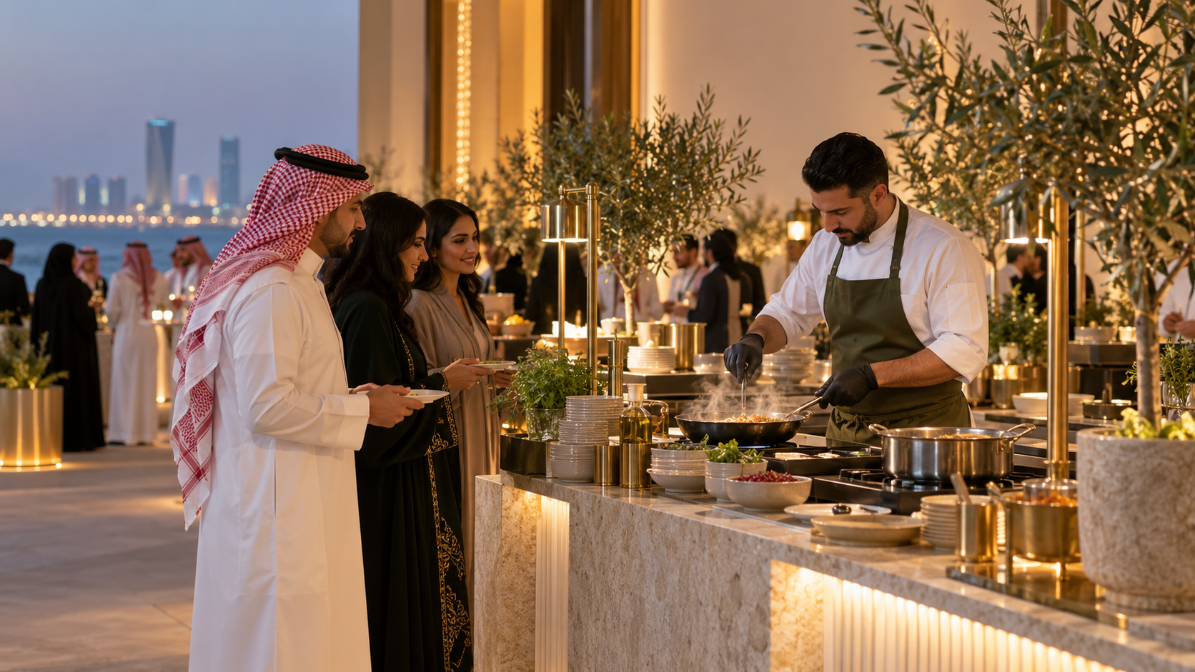 Concept of a live cooking station at a corporate event
